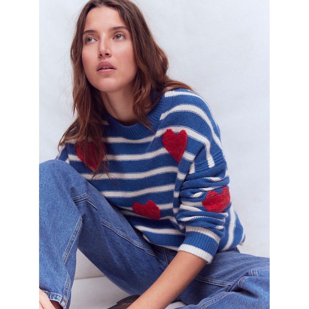 Boden Blue Isa Embroidered Jumper Heart Stripe Wool Alpaca Sweater Small